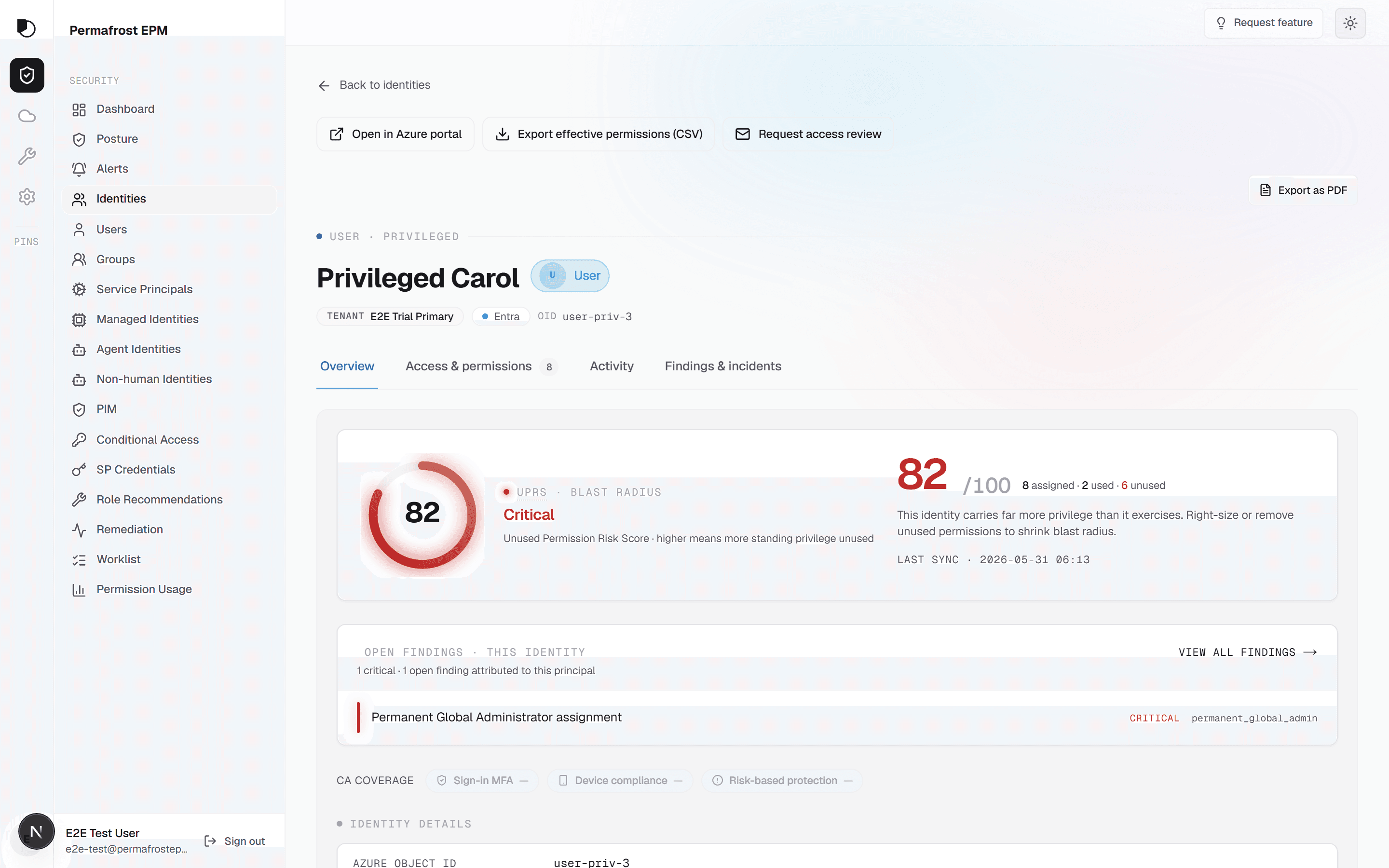 Permafrost identity detail: the Unified Principal Risk waterfall showing each factor's contribution to a principal's 0-to-100 score.