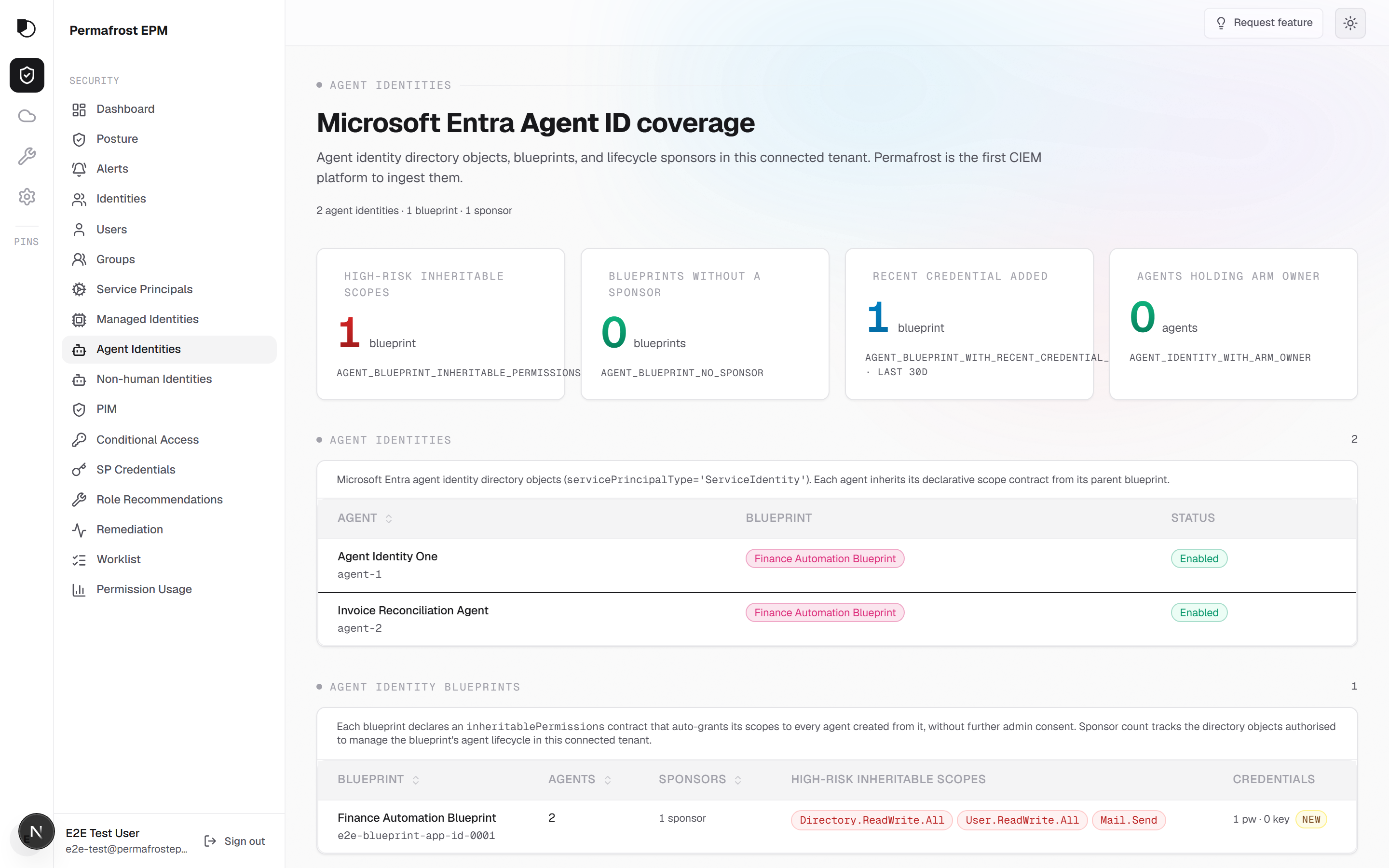 Agent blueprint view showing inherited permissions and governance policy for an Entra Agent ID.